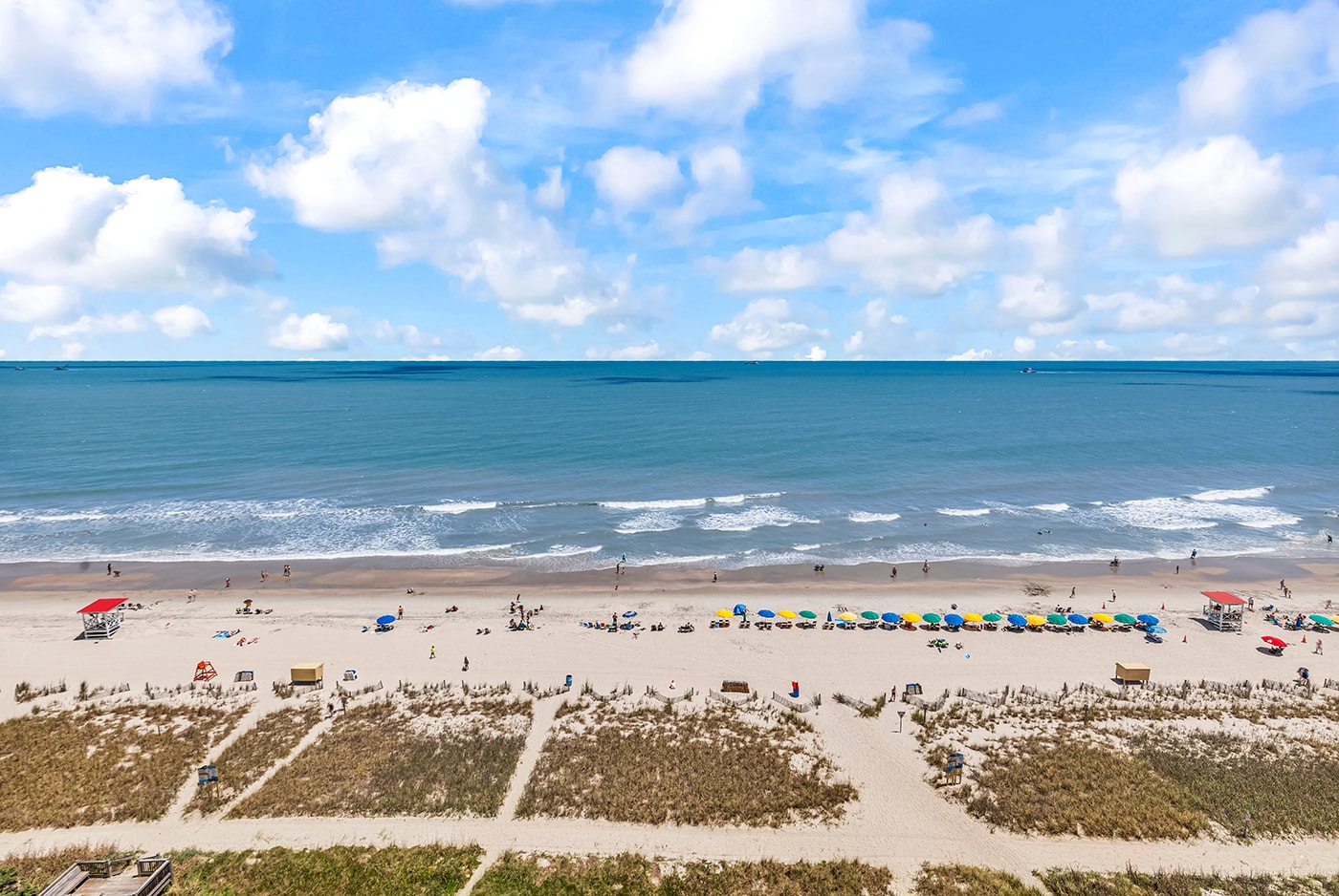 Aerial view of Myrtle Beach with colorful umbrellas